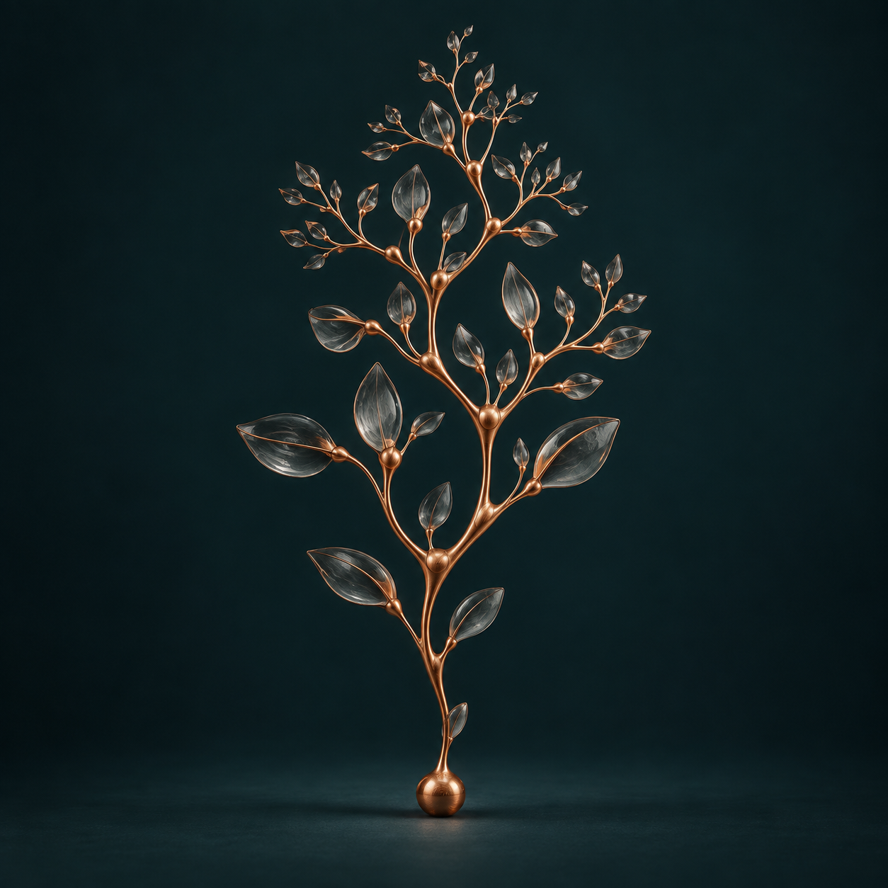 A small copper seed growing into an intricate sculpture of copper branches and translucent glass.