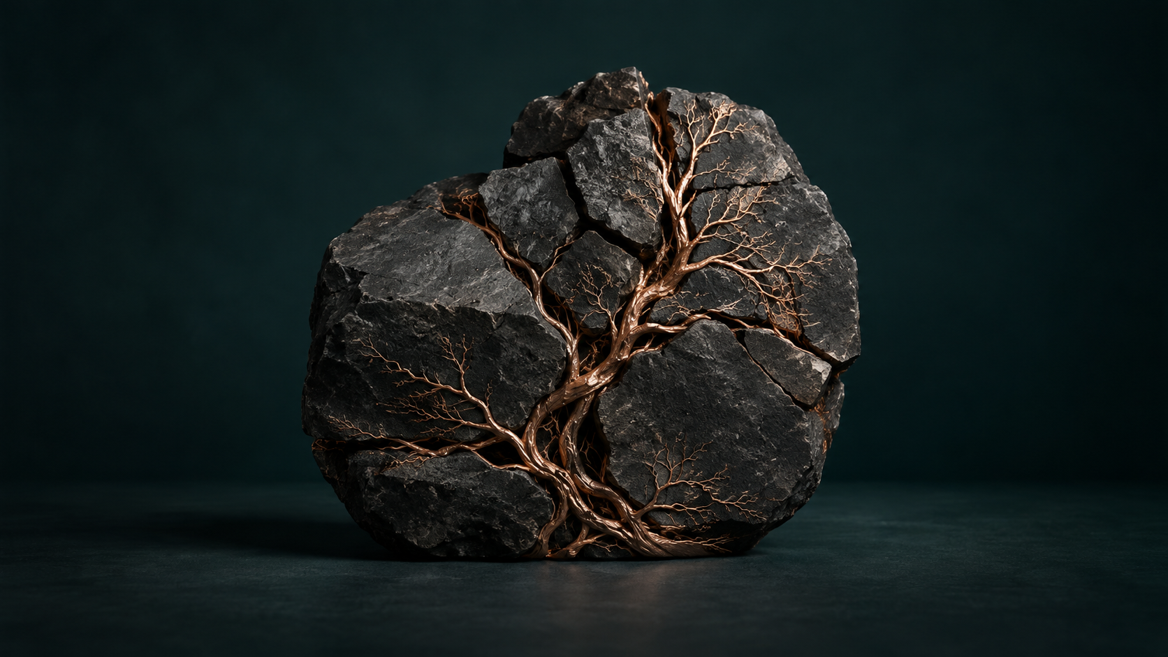 Copper branches spreading through fractured dark stone.